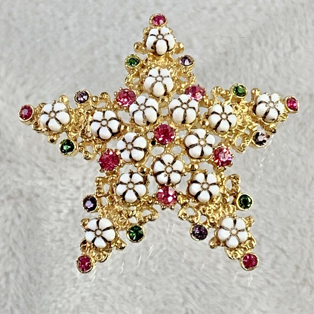 Vintage FLORENZA Signed STAR Brooch White Enamel Floral Rhinestone 1960s Pin